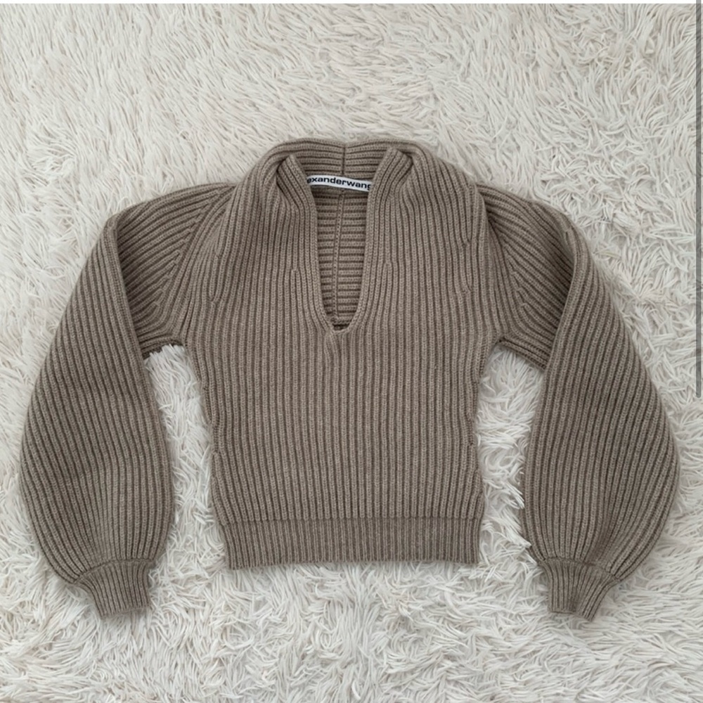 Worn once Alexander Wang ribbed beige wool cashmere blend draped neck sweater